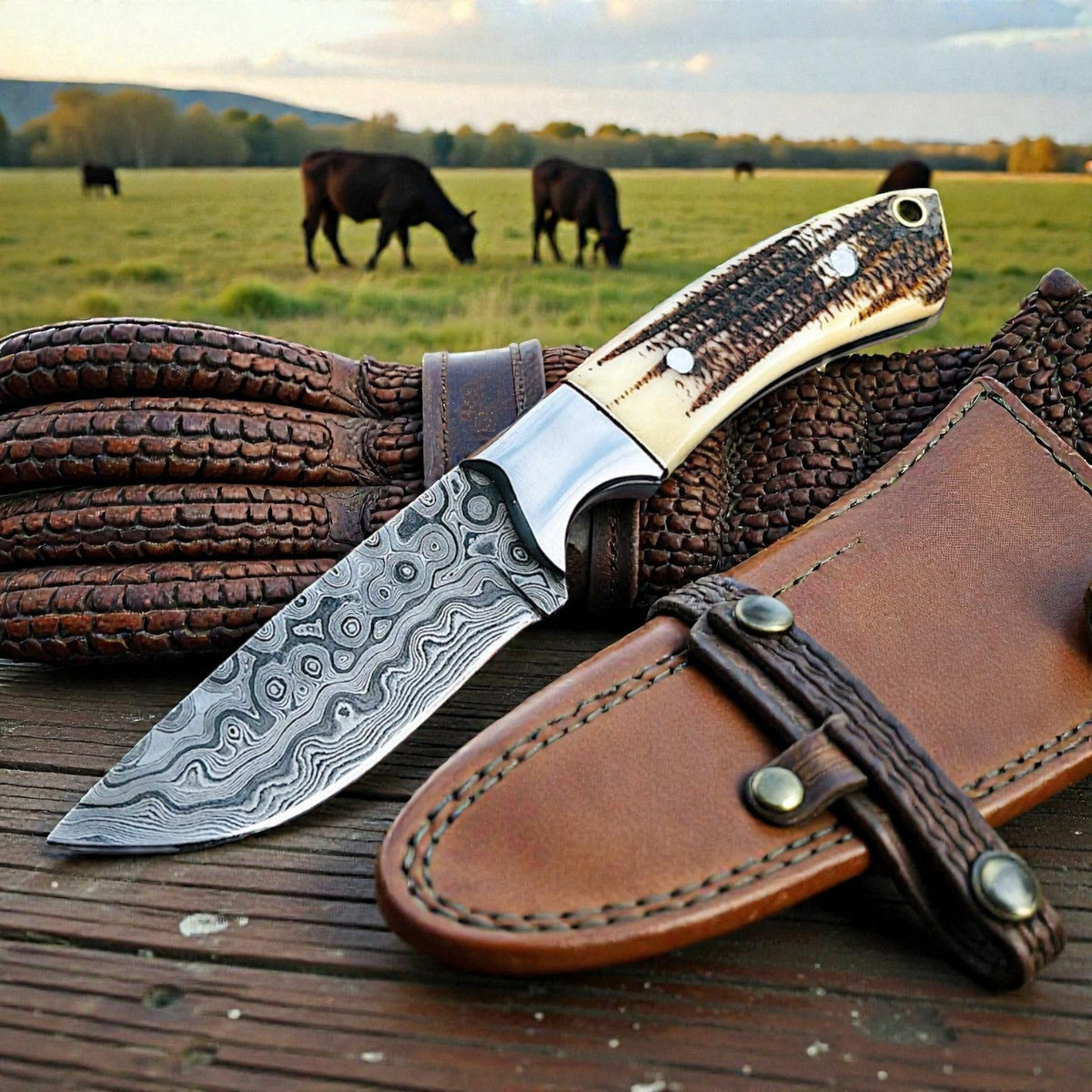 Damascus Cowboy Knife | Antler Handle | Pancake Leather Sheath - image 2