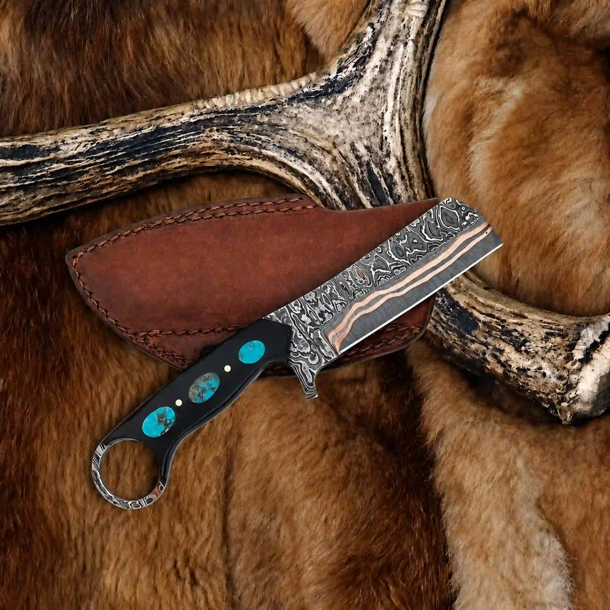 Bull Cutter Knife | Copper Damascus with Turquoise and Ring Pommel - image 2