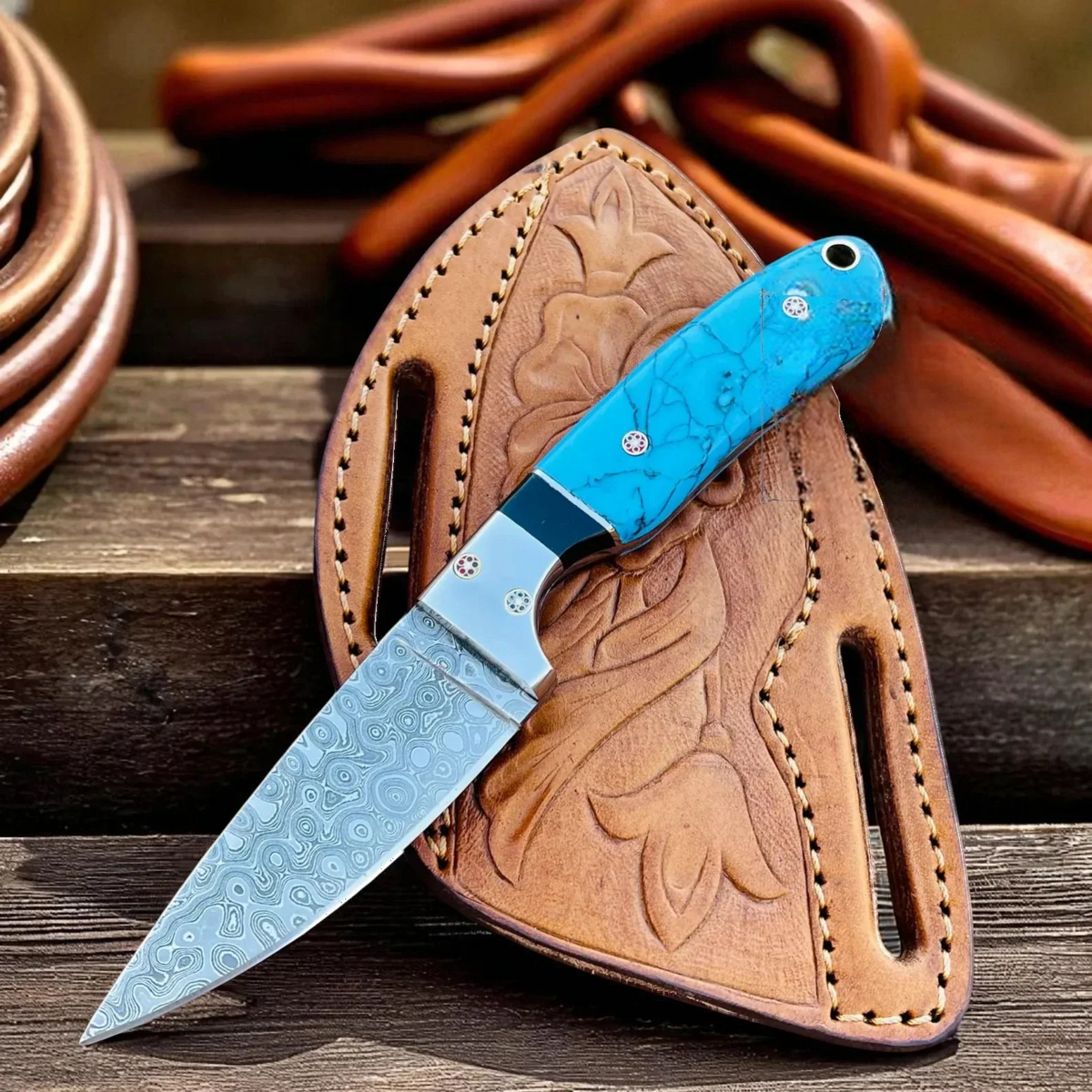 Cowboy Hunting Knife Damascus Steel Marble Handle - image 3