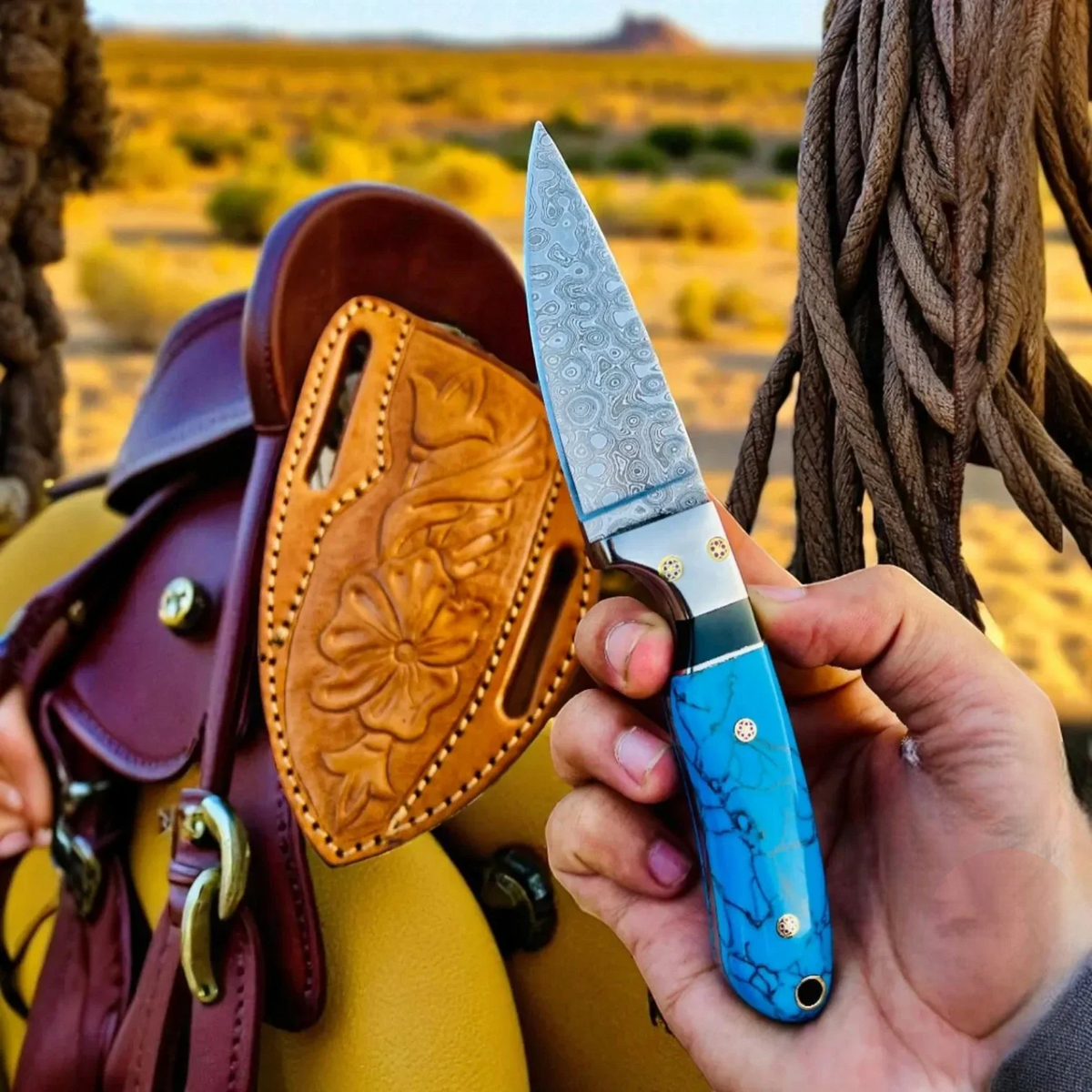 Cowboy Hunting Knife Damascus Steel Marble Handle - image 2