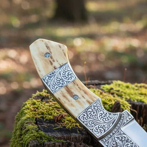 D2 Hunting Knife Antler Handle Engraved Blade - image 3