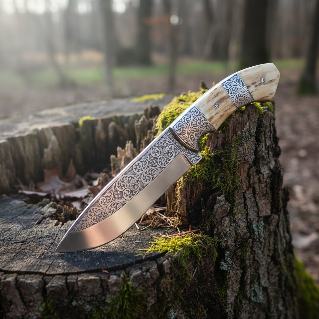 D2 Hunting Knife Antler Handle Engraved Blade - image 2