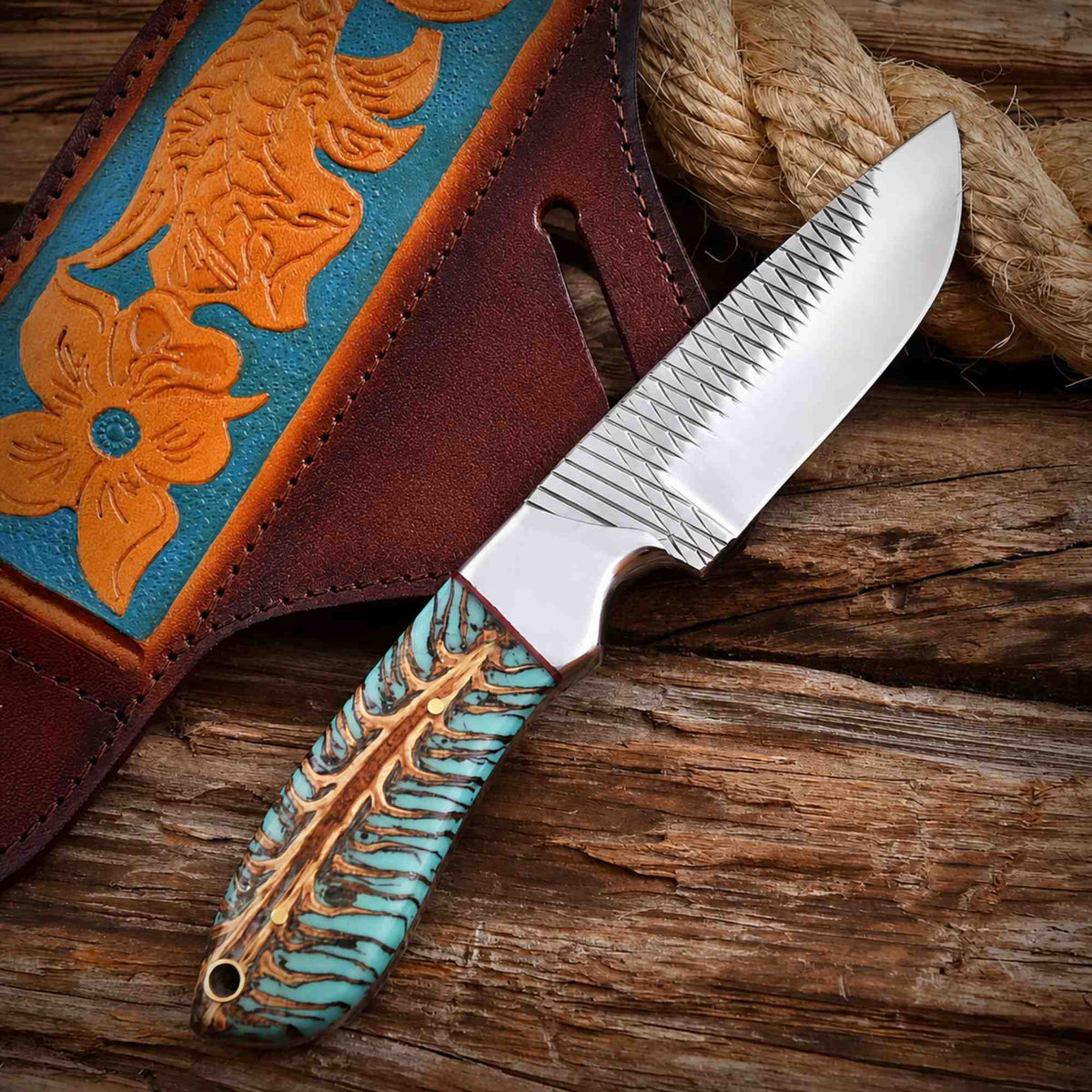 Cowboy Hunting Knife Rasp Steel Pinecone Handle - image 4