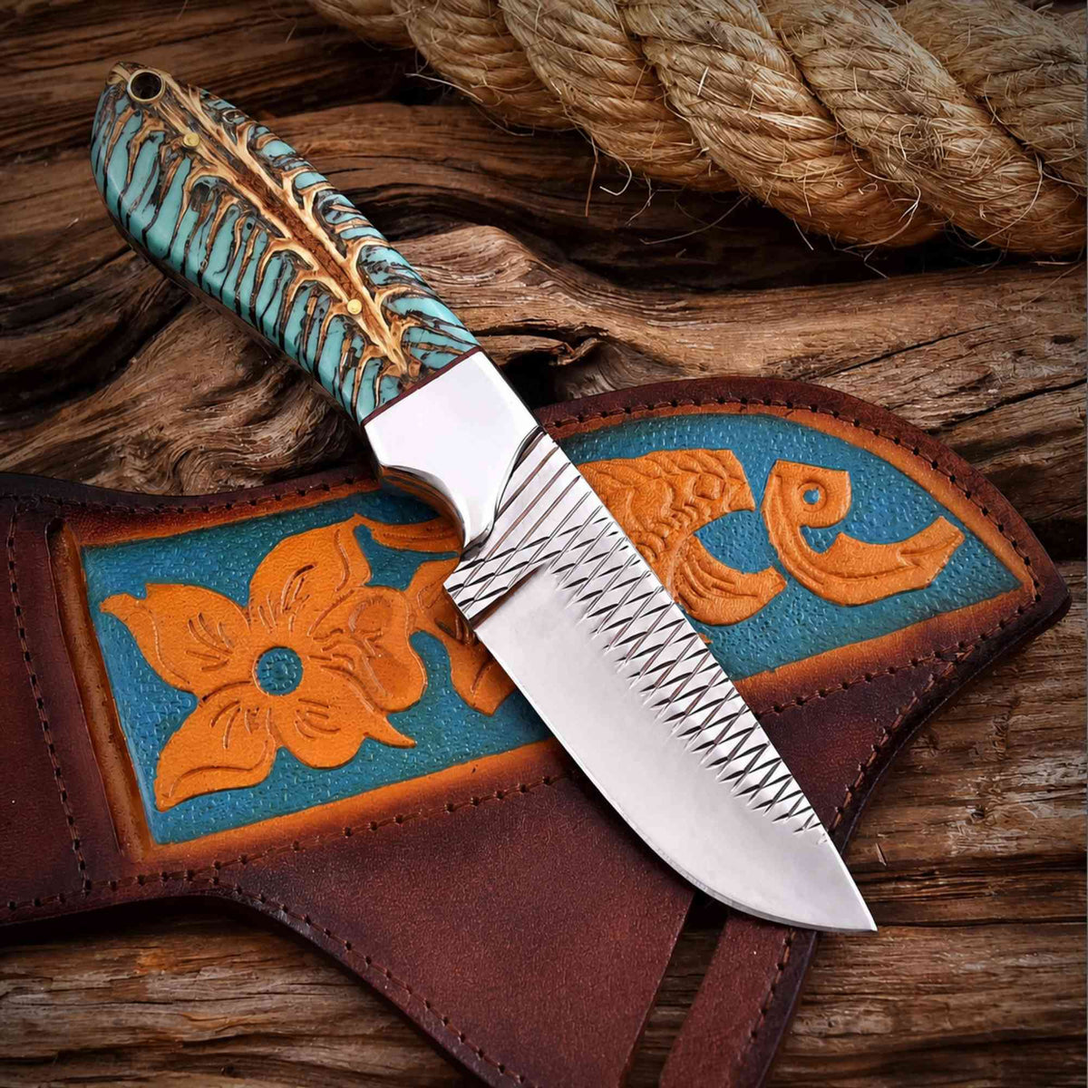 Cowboy Hunting Knife Rasp Steel Pinecone Handle - image 6
