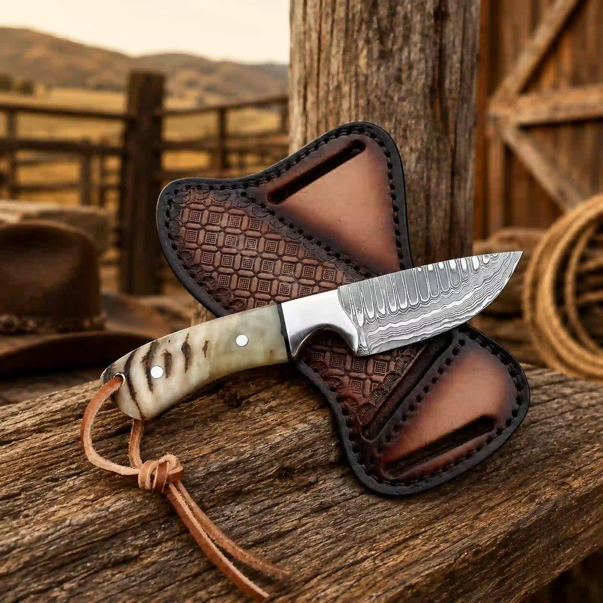 Buckaroo Knife | Damascus Steel with Ram Horn Handle - image 2
