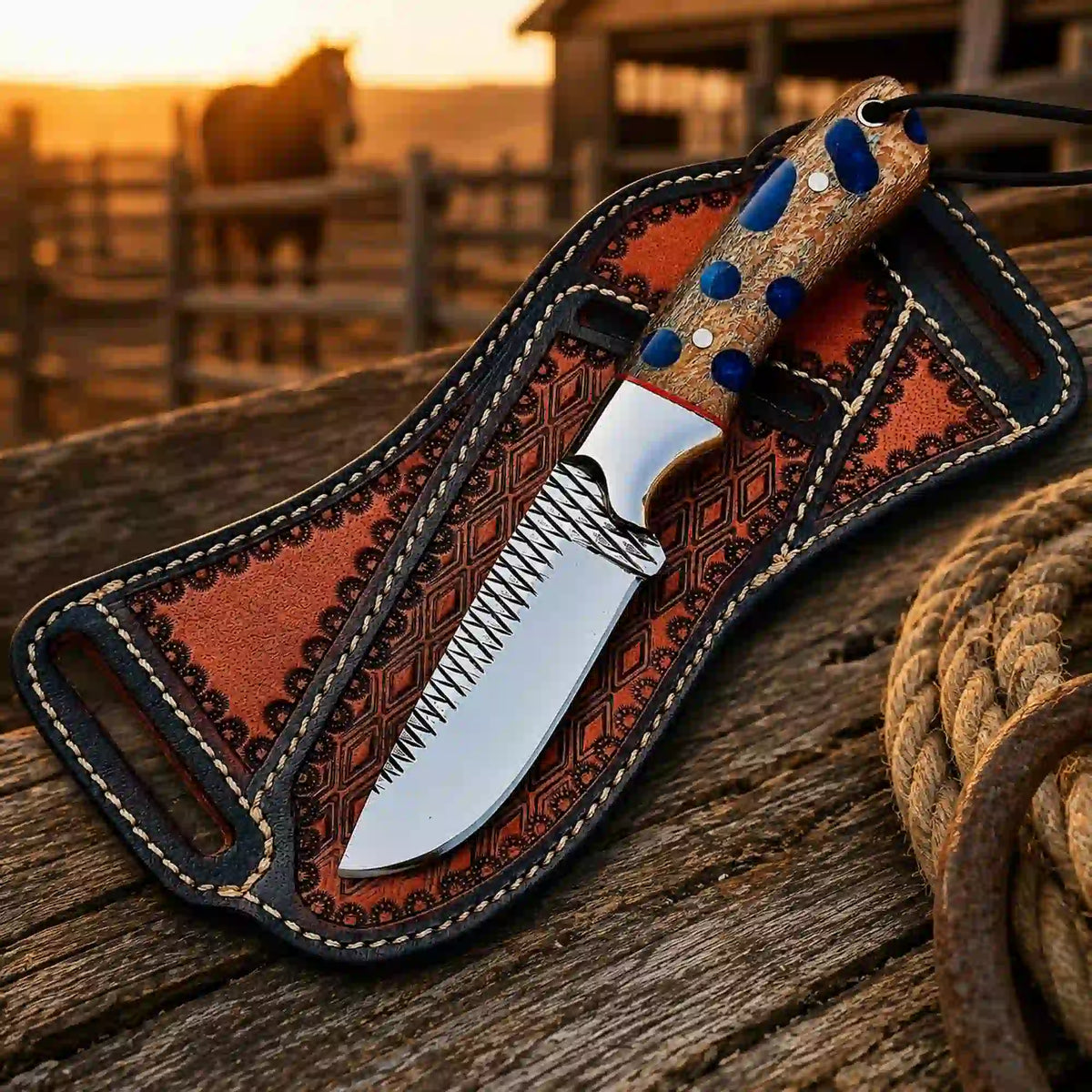 Buckaroo Knife | Rasp Steel with Cholla Cactus and Turquoise Handle - image 3
