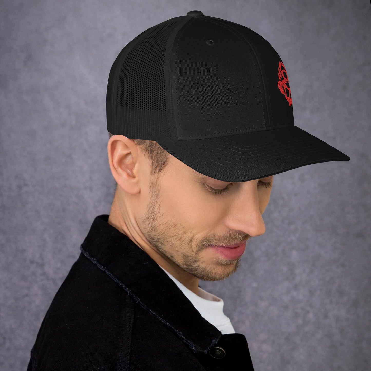Red 3D Puff Skull Logo Trucker Hat